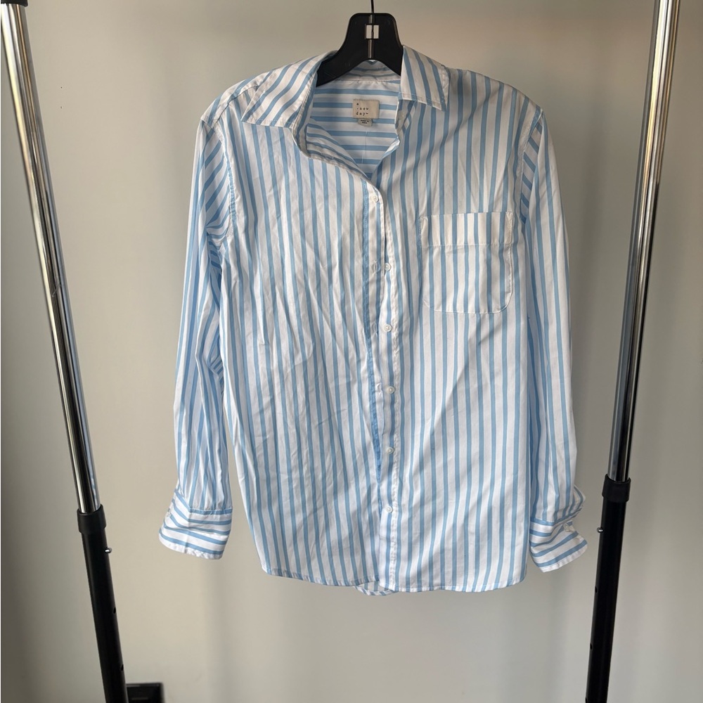 Striped Blue & White Women’s Oversized Button-Up Blouse With Pocket